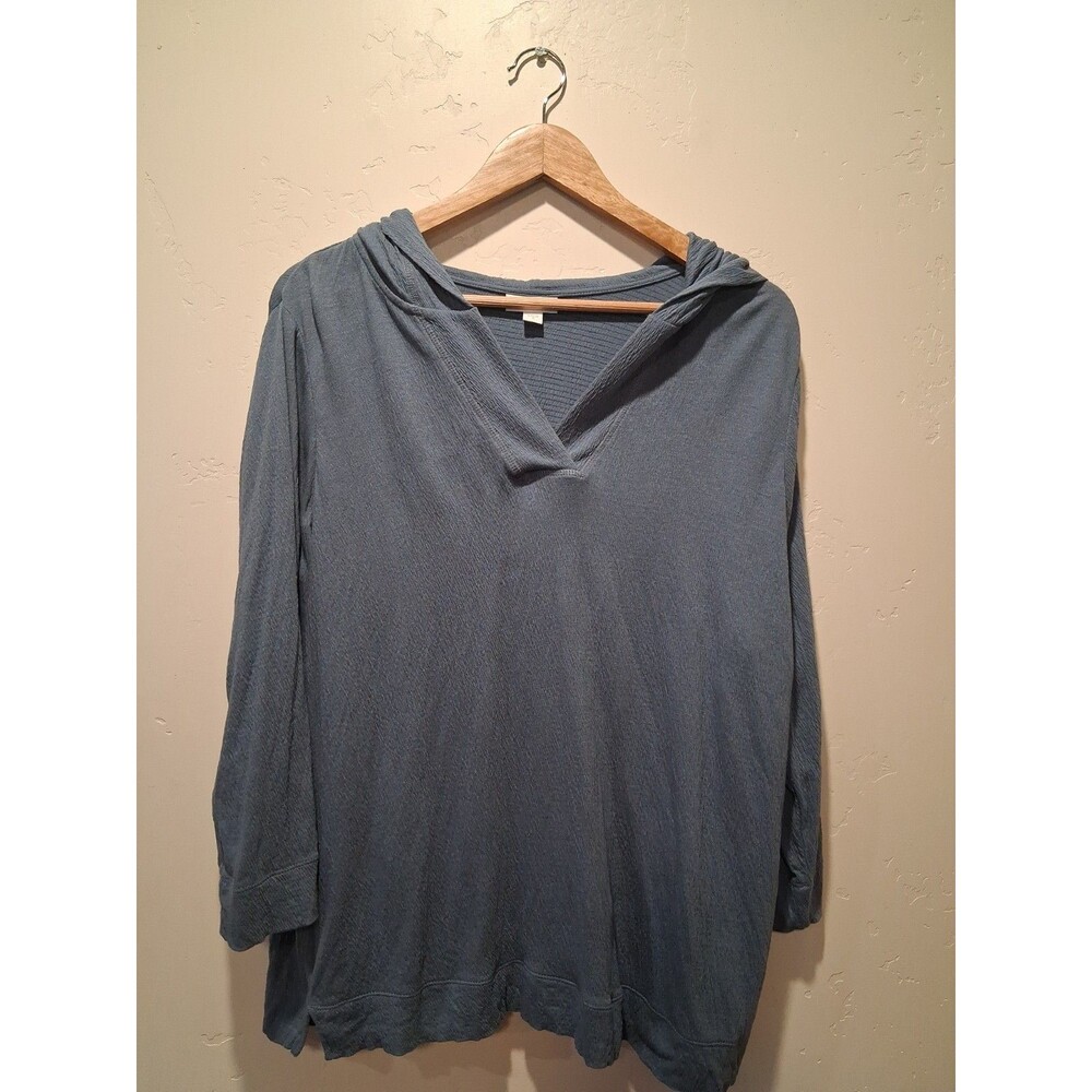 Pure Jill M Crinkle Gauze Cornflower Blue 3/4 Slv Pullover Hoodie Soft Coastal